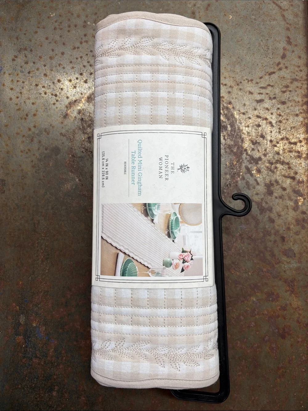 The Pioneer Woman French Oak Reversible Quilted Mini Gingham Table Runner. 14x90